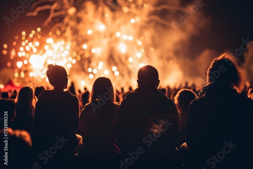 Silhouetted crowd watching a fiery golden fireworks display on a festive night