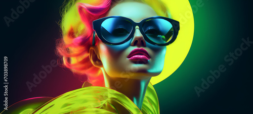 Vibrant neon fashion with bold sunglasses and colorful hairstyle