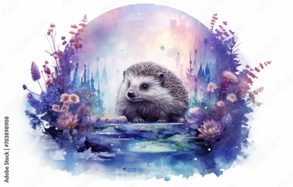 Φωτογραφία Watercolor illustration of a hedgehog at the edge of a pond with flowers