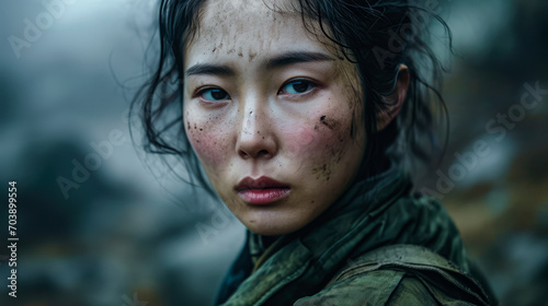 Portrait of a Young Self-Confident Korean Woman Dressed in a Fantasy Uniform Wallpaper Background Brainstorming Family Digital Art Magazine Poster