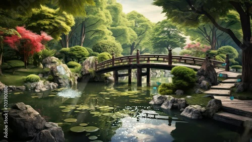 Tranquil Japanese garden with pond and trees. seamless looping virtual 4k video animation background. Generated with AI photo
