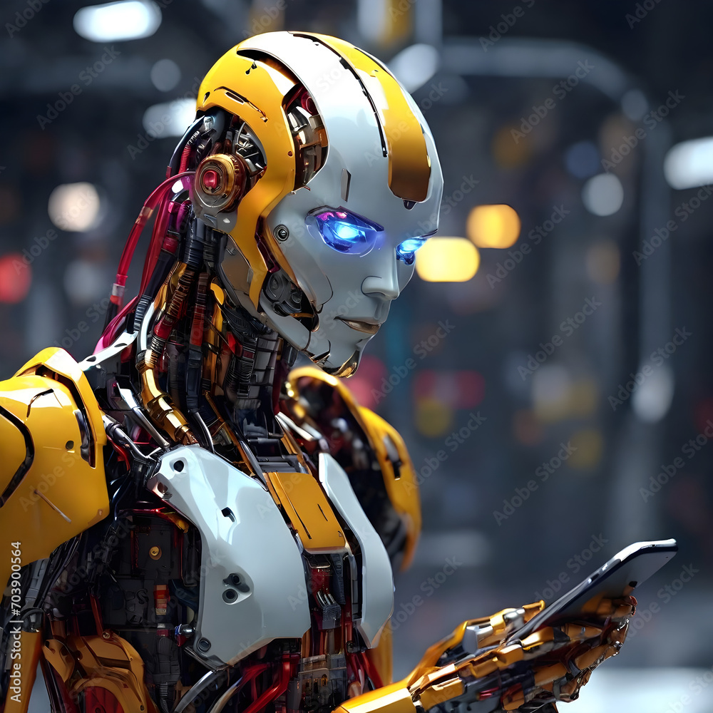 female human robot with modern, stylish and sophisticated technology. photography, portrait angle, artificial intelligence