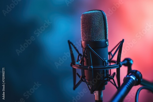 Close-up of a studio microphone with a vibrant red and blue background, ready for a podcast photo