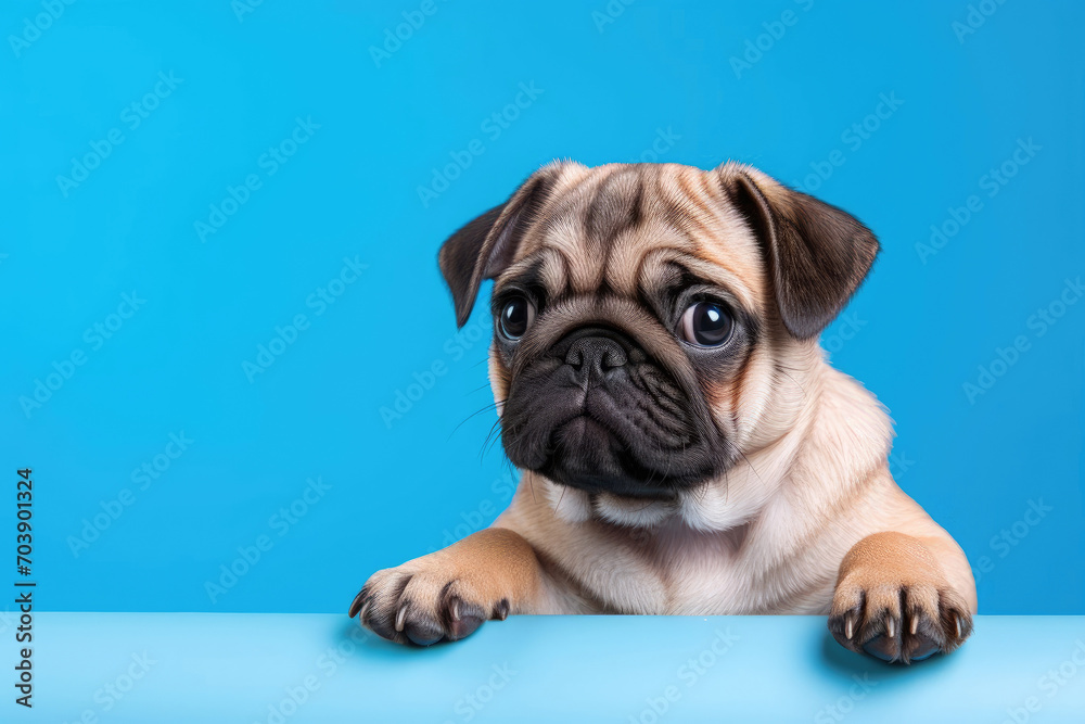 Happy adorable dog pug breed smile and cheerful on blue background,Pug Purebred Dog Concept