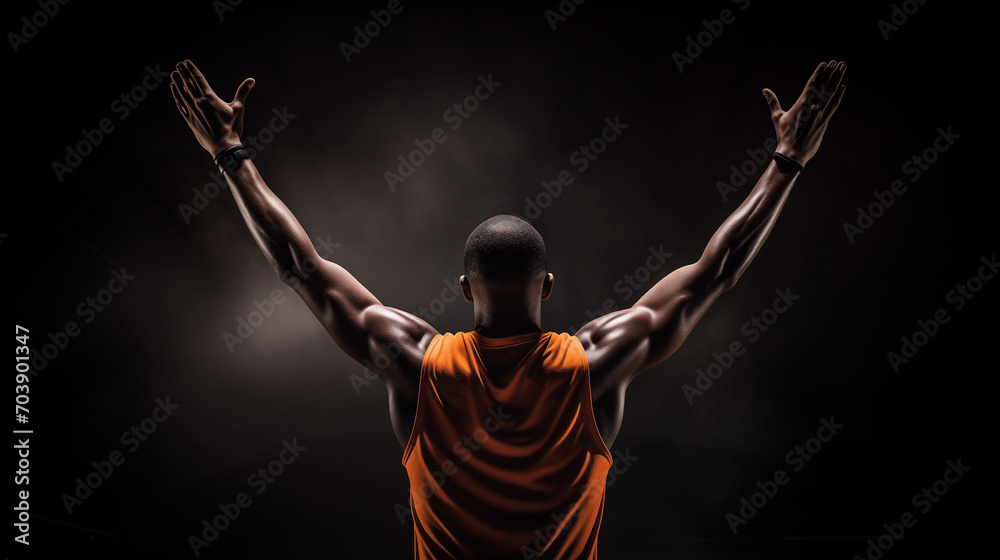 Rear view of a basketball player with his arms in the air, man with arms outstretched, person with arms raised in the sky, Ai generated image 