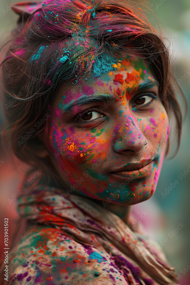 Vibrant and expressive portrait of girl during Holi celebrations Vibrant and expressive portrait of girl during Holi celebrations