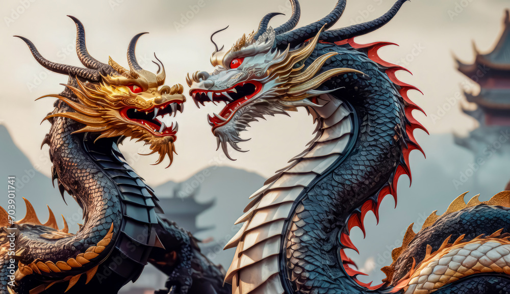 Dragons Yin and Yang, warriors of opposites. Two fantastic Chinese dragons. Year of the Dragon according to the eastern horoscope Dragons Yin and Yang, warriors of opposites. Two fantastic Chinese dragons. Year of the Dragon according to the eastern horoscope