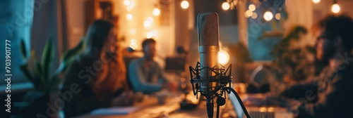 Microphone stands in a cozy podcast studio with a lively group discussion in the background