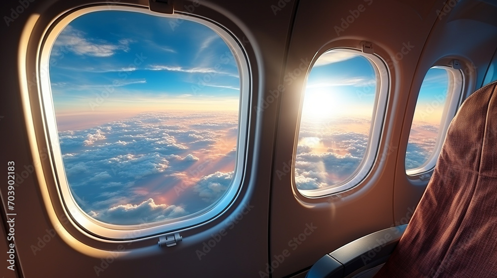 An airplane window with a sky view.