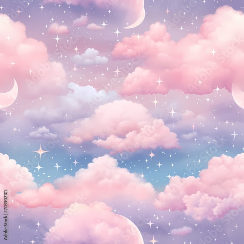 pink and purple theme color cloud with star nursery art illustration seamless pattern