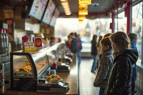 Children buy burgers at a fast food restaurant. photo