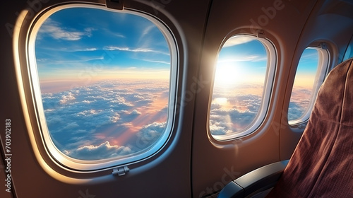 An airplane window with a sky view. © LOPH Studio