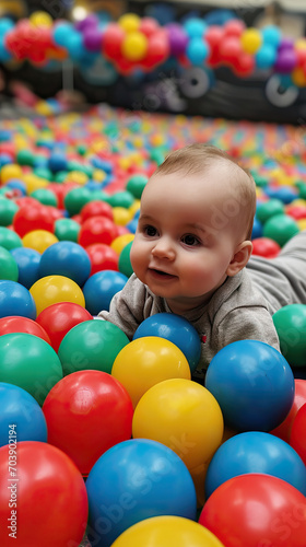 Playful Adventure: Baby Engaging in Explorative Play within a Vibrant Ball Pit, Immersed in a Colorful Oasis of Joy and Discovery.