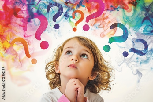 Little girl looking up, thinking, colorful question marks swirling in cloud of imagination.