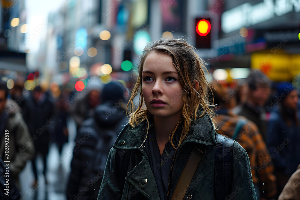 Young lady walking along busy street with serious face, concentrated, looking at street signs, traveling concept, Generative AI