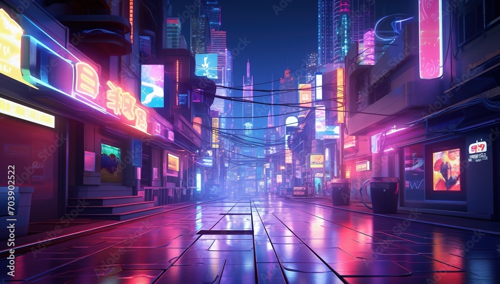 A cyberpunk city street with neon lights and skyscrapers