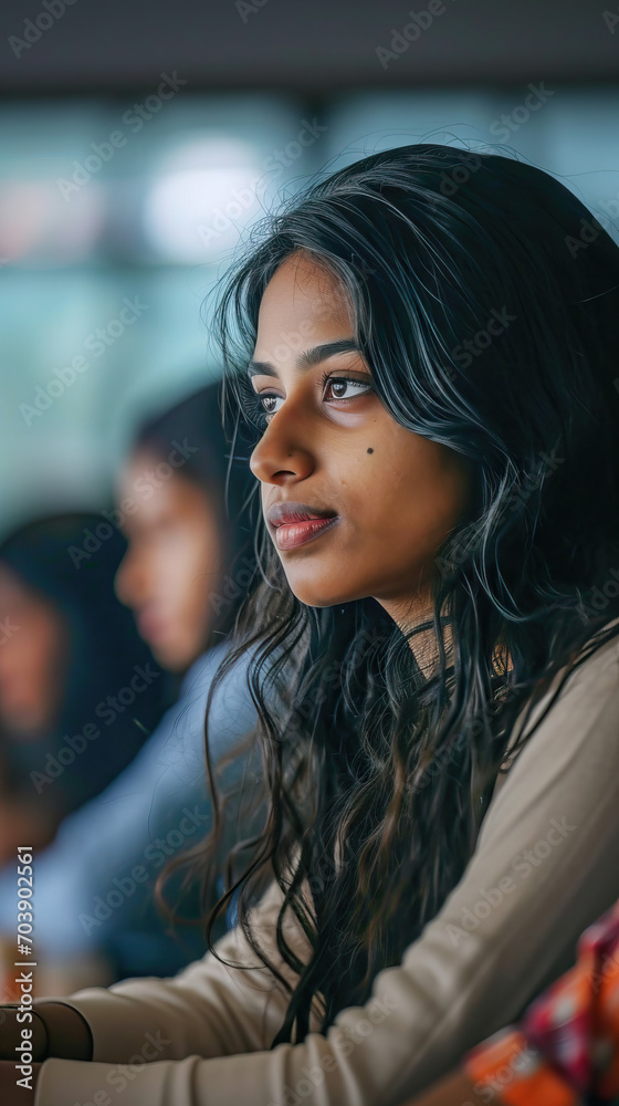 Obraz premium South Asian College Student Engaged in Learning: Diverse Classmates in the Background. Indian Female Student Actively Participating in Class, Utilizing Computer to Apply and Acquire New IT Skills from