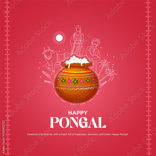 Pongal Festival Digital Greeting Card Vibrant Red Backdrop Frames the Central Symbol - Overflowing Clay Pot with Steaming Cooked Rice, Signifying Abundance and Harvest Celebration in South India