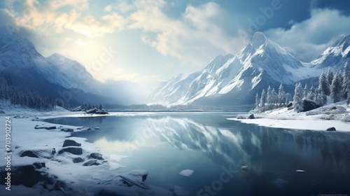 A frozen lake surrounded by snow-covered mountains  with a serene reflection.