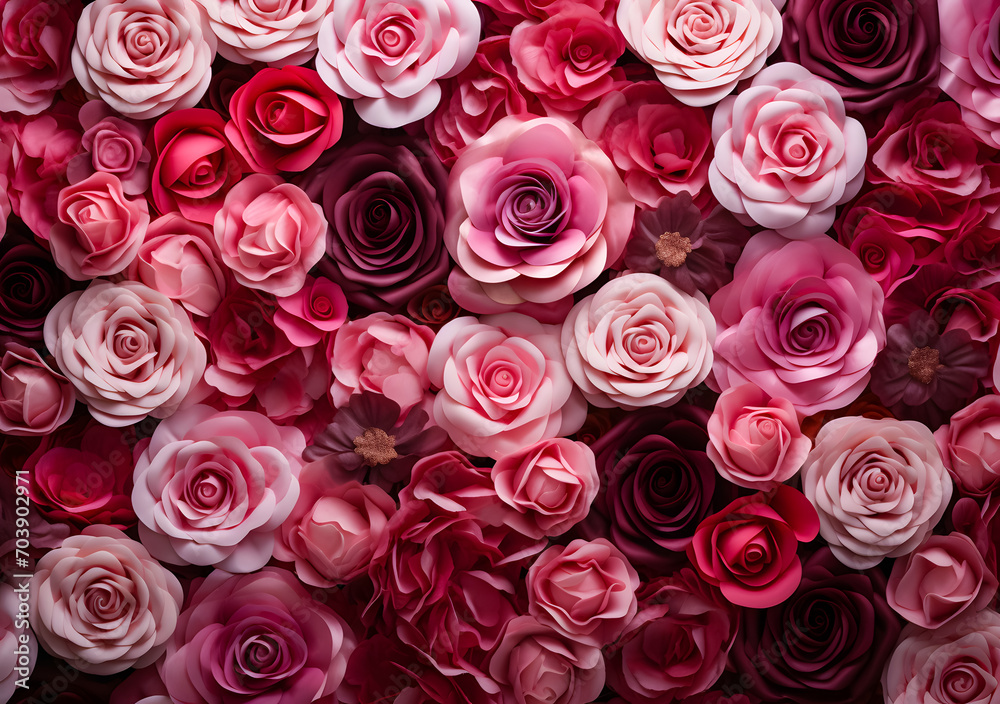 Beautiful pink rose and red artificial roses as a background. Valentine's day background