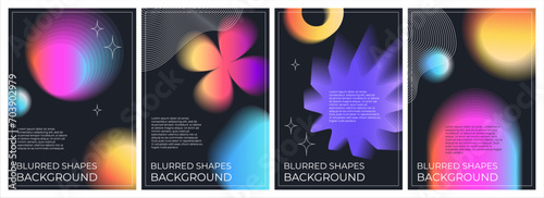 A set of abstract posters with blurred shapes. Gradient template in retrofuturism style, retro wave, y2k, 2000s. Bright acidic colors on a black background