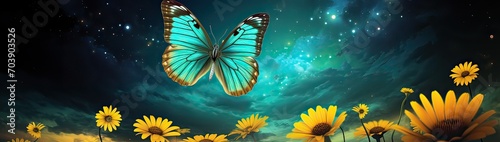 Beautiful turquoise Butterfly on yellow flower on fantastic star sky background.
