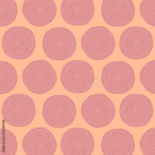 Seamless pattern of big casual pink circles with wooden texture on peach fuzz backdrop. Casual sketchy abstract print for paper and fabric.