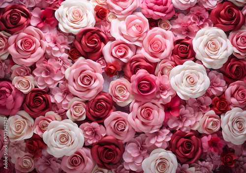 Beautiful pink rose and red artificial roses as a background. Valentine's day background