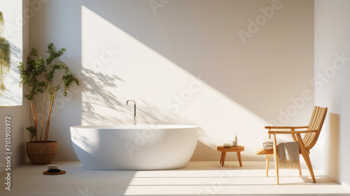 Minimalistic bathroom design with white bathtub  natural sun light and sharp diagonal shadow on wall. Serene Spa-like atmosphere. Modern home relaxation space. Elegance in simplicity