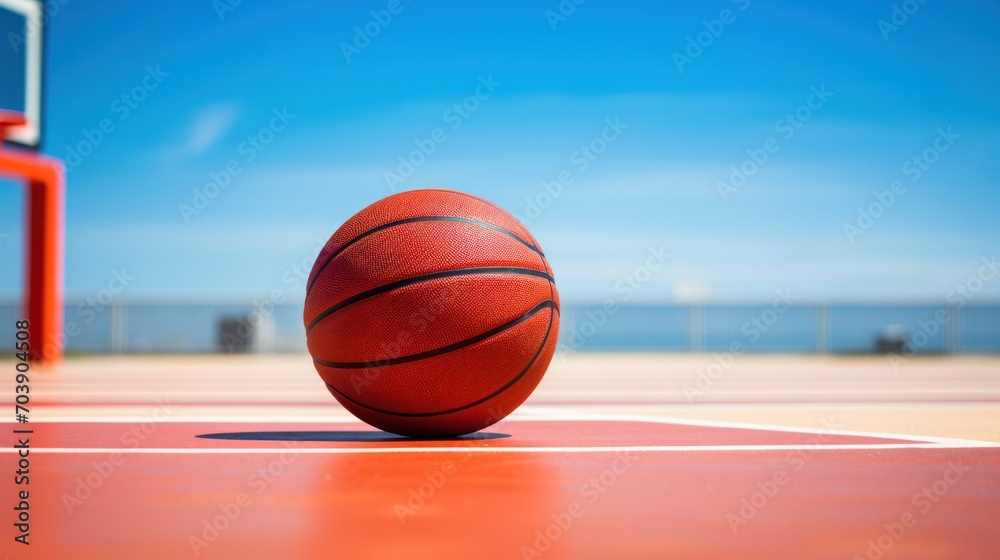 Outdoor Basketball on Vibrant Court with Skyline and Sea View