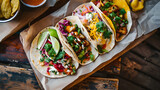 Vegetarian Mexican street food poke tacos, vegetables, salad, avocado, and fish, exemplifies a harmonious fusion of culinary influences. Generative AI