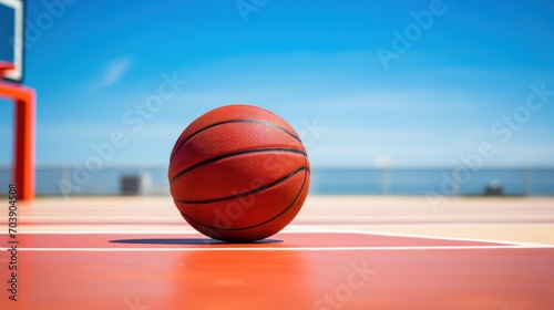 Outdoor Basketball on Vibrant Court with Skyline and Sea View