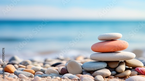 Zen Stones Balanced on Beach Shoreline Against Calm Sea