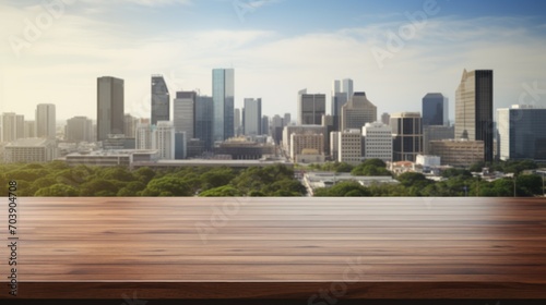Wooden Table Top with Urban Skyline Background in Daylight