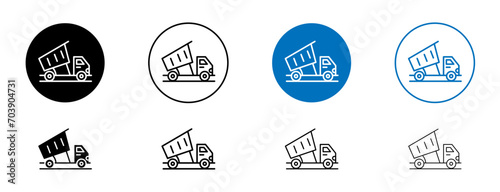 Tipper truck line icon set. Dump truck payload symbol in black and blue color.