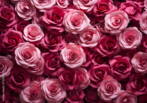 Beautiful pink rose and red artificial roses as a background. Valentine's day background