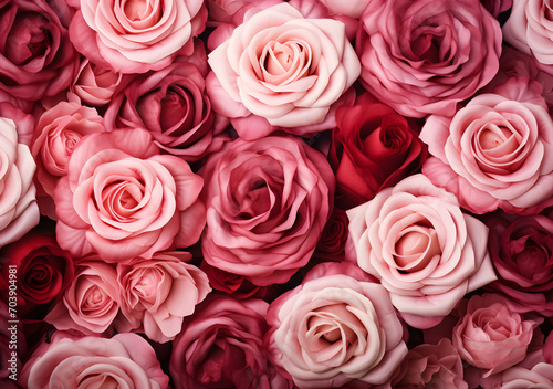 Beautiful pink rose and red artificial roses as a background. Valentine's day background