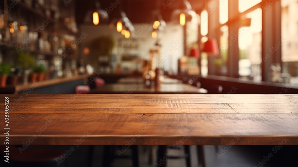 Wooden Table Top with Blurred Cafe Interior Background