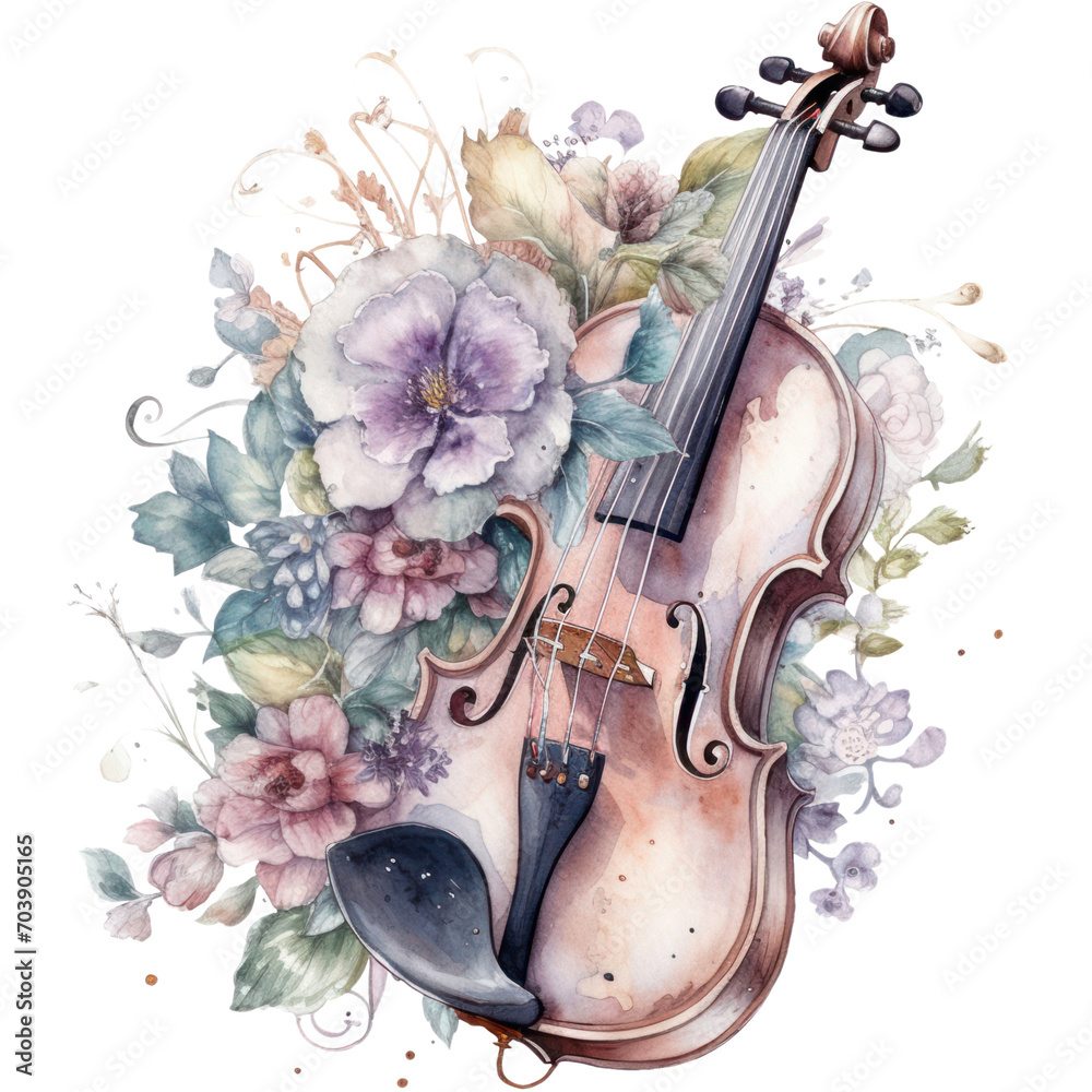 Watercolor Violin with lush flowers and foliage. Pastel lilac floral ...