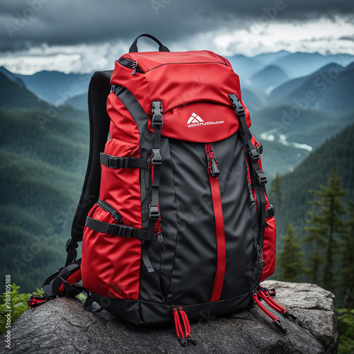 Snug hiking red and black color backpack stands resiliently atop a rugged boulder
