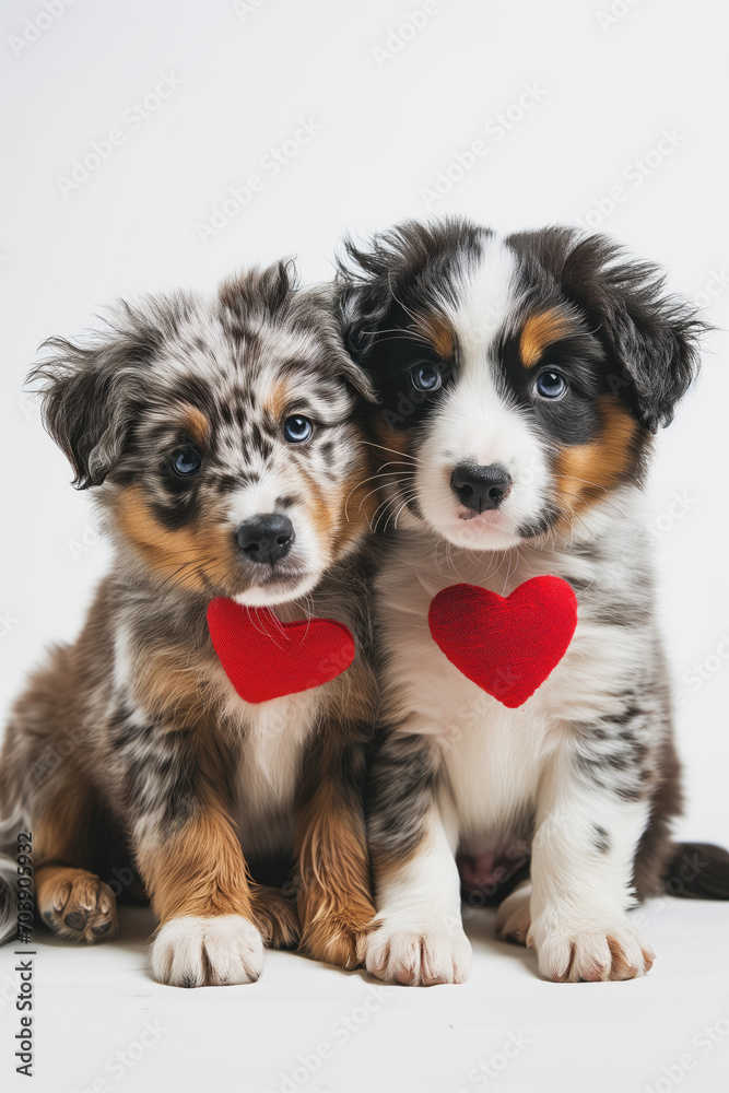 Two cute puppies of australian shepherd on Valentine's date on white background