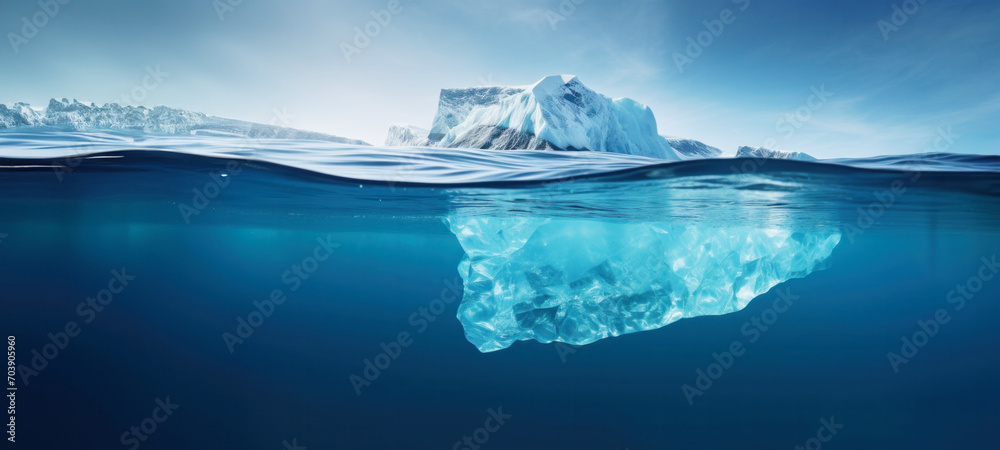 Crisis concept Global warming and melting glaciers, Iceberg in the ocean with a view underwater, Crystal clear water, Hidden Danger, before complete climate change - obrazy, fototapety, plakaty 