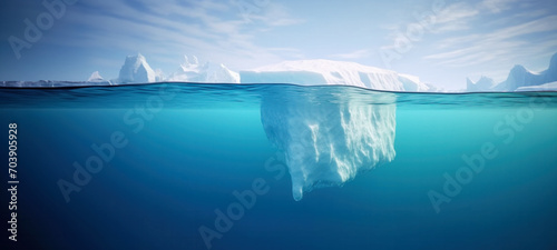 Crisis concept Global warming and melting glaciers, Iceberg in the ocean with a view underwater, Crystal clear water, Hidden Danger, before complete climate change © chiew