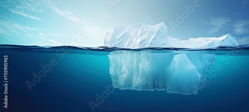 Crisis concept Global warming and melting glaciers, Iceberg in the ocean with a view underwater, Crystal clear water, Hidden Danger, before complete climate change photo