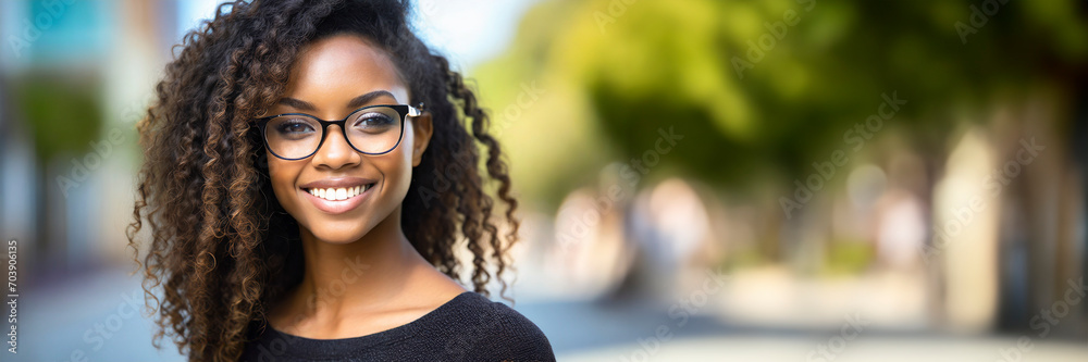Portrait of a beautiful young african american woman wearing glasses outdoors. Panoramic banner - obrazy, fototapety, plakaty 