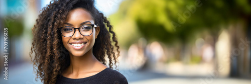 Portrait of a beautiful young african american woman wearing glasses outdoors. Panoramic banner photo