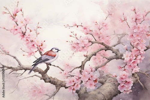 Watercolor painting of pink sakura on paper, image made with generative ai technology.