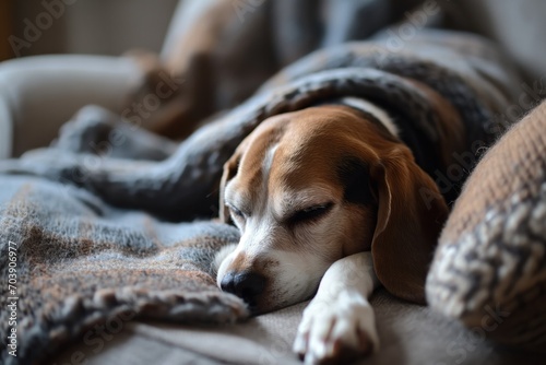 Beagle sleeps on cozy sofa 
