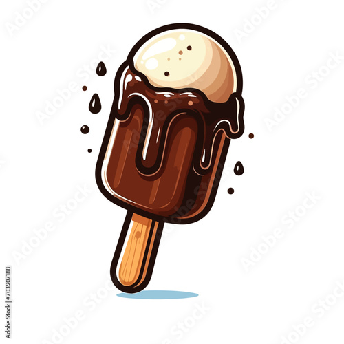 A delicious ice cream on a wooden stick, with a sweet droplet running down chocolate glaze.  photo