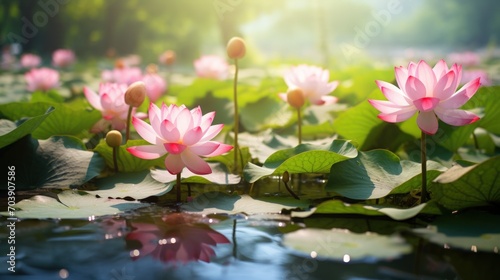 Beautiful pink lotus flowers in the lake, generative AI